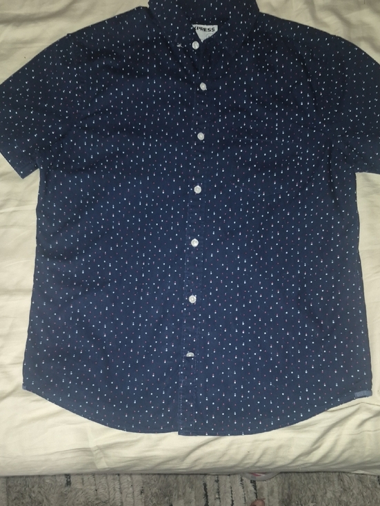 Express Other - Express Men’s Navy Short-Sleeve Button-Down Shirt with Tiny White Dot Pattern